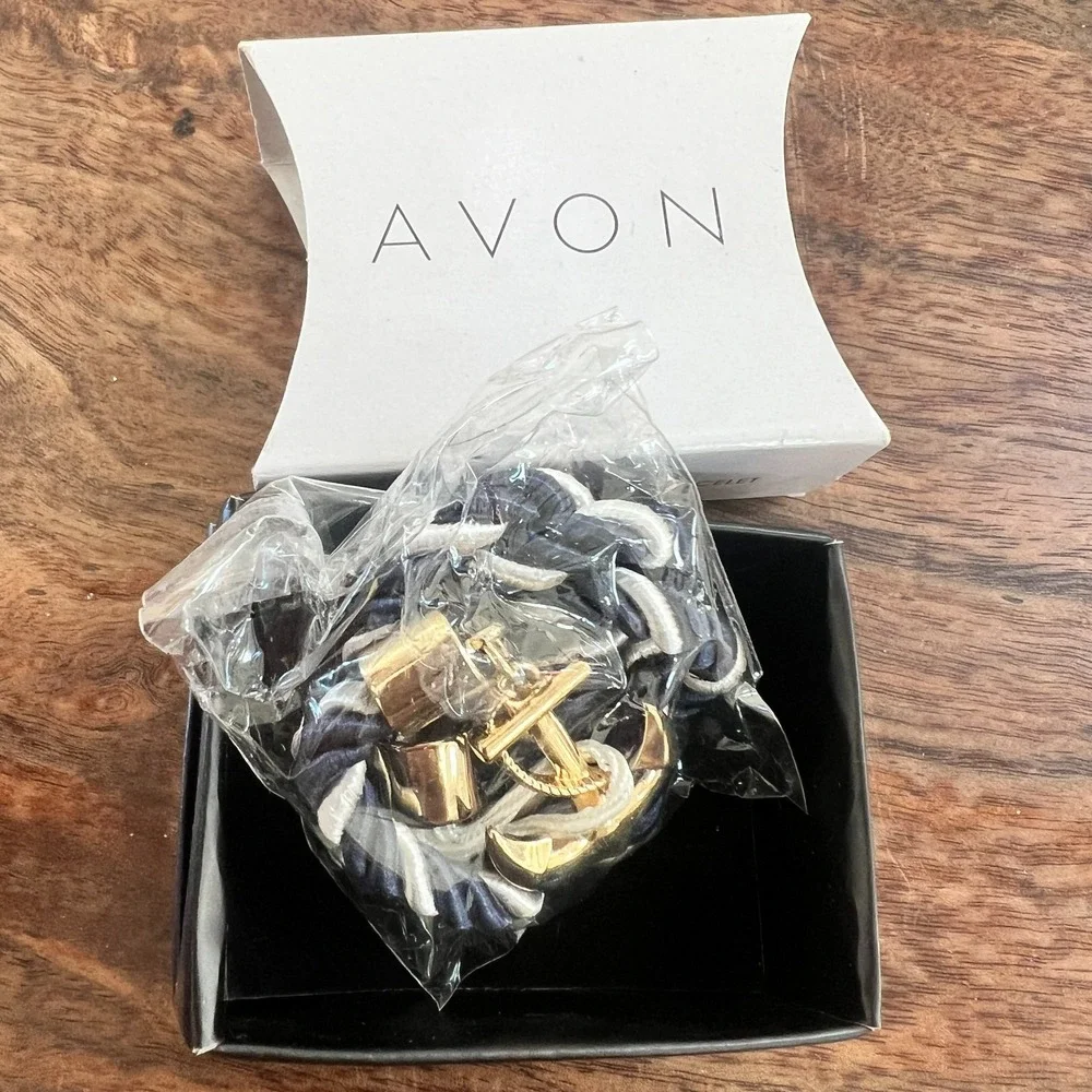 Avon Nautical Anchor Cord Bracelet NOS in Box Navy White Rope w/ Gold Anchor‎